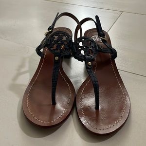 Tory burch navy snakeskin leather sandals